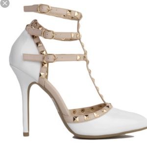 White pointy studded heels